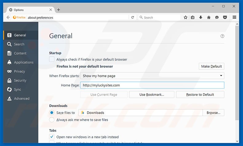 Removendo a página inicial myluckysites.com do Mozilla Firefox