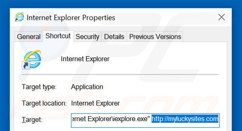 Removendo myluckysites.com do atalho do Internet Explorer passo 2
