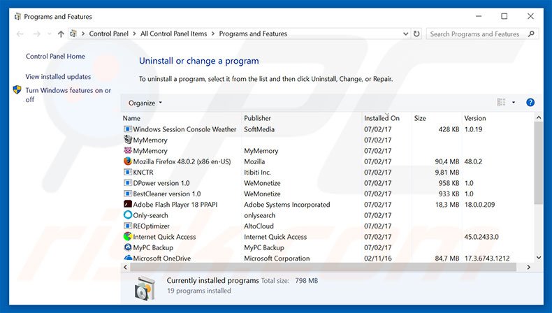 desinstalar o adware onclkds.com via Painel de Controlo