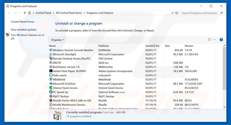 desinstalar o adware {PRODUCT_NAME} via Painel de Controlo