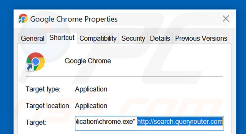 Removendo search.queryrouter.com do atalho do Google Chrome passo 2