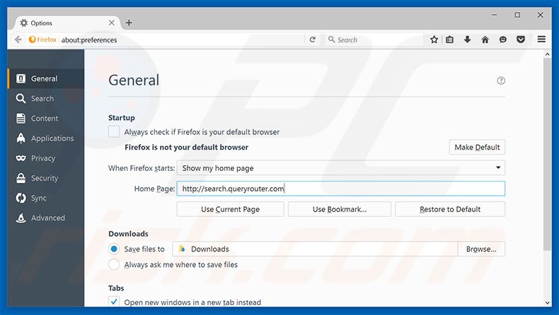 Removendo a página inicial search.queryrouter.com do Mozilla Firefox