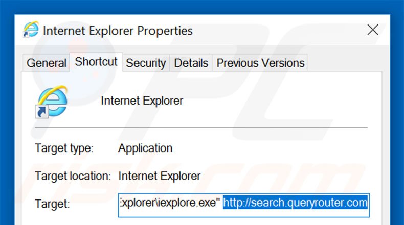 Removendo search.queryrouter.com do atalho do Internet Explorer passo 2