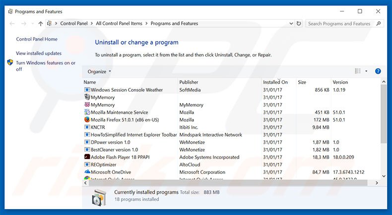 desinstalar o adware Windows Security Alert através do Painel de Controlo