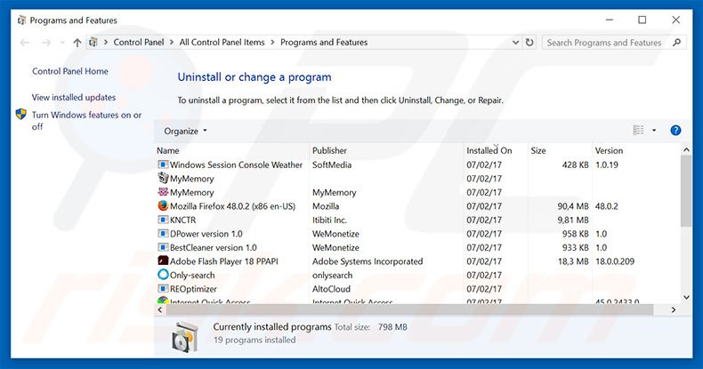 desinstalar o adware Wizzcaster via Painel de Controlo