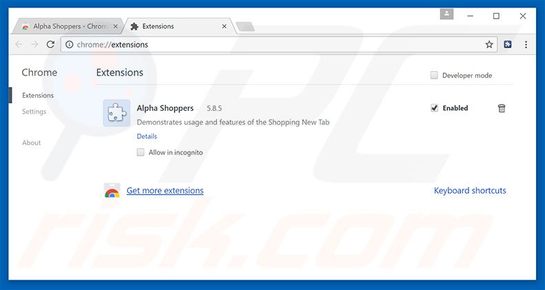 Removendo os anúncios Alpha Shoppers do Google Chrome passo 2