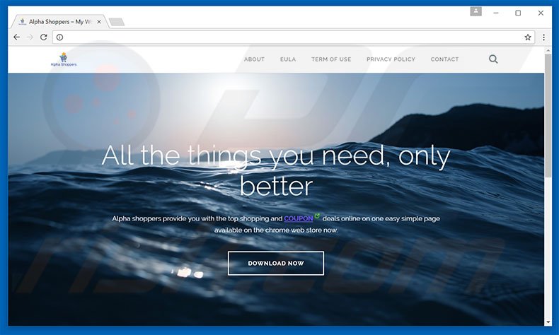 Website usado para promover o adware Alpha Shoppers