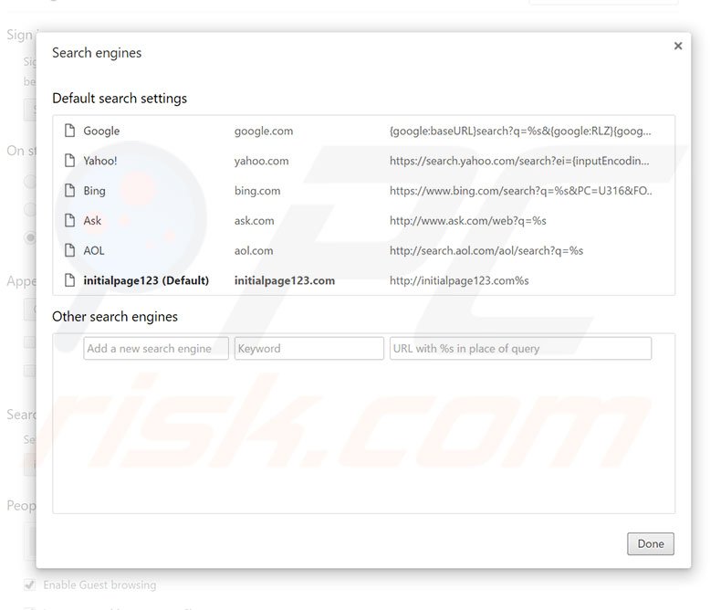 Removendo initialpage123.com do motor de busca padrão do Google Chrome