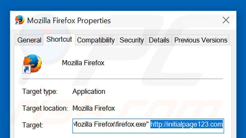 Removendo initialpage123.com do atalho do Mozilla Firefox passo 2