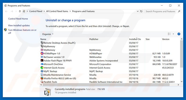 desinstalar o sequestrador de navegador initialpage123.com via Painel de Controlo