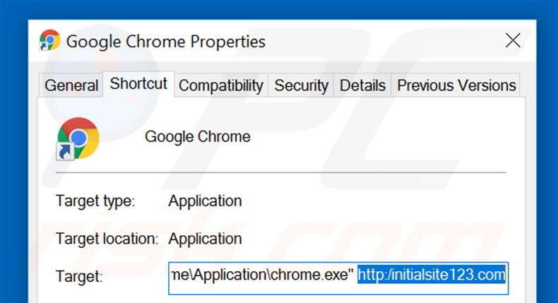 Removendo initialsite123.com do atalho do Google Chrome passo 2
