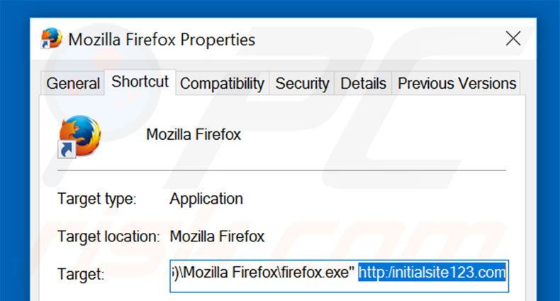 Removendo initialsite123.com do atalho do Mozilla Firefox passo 2