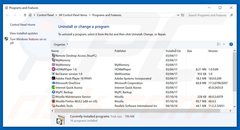 desinstalar o sequestrador de navegador initialsite123.com via Painel de Controlo