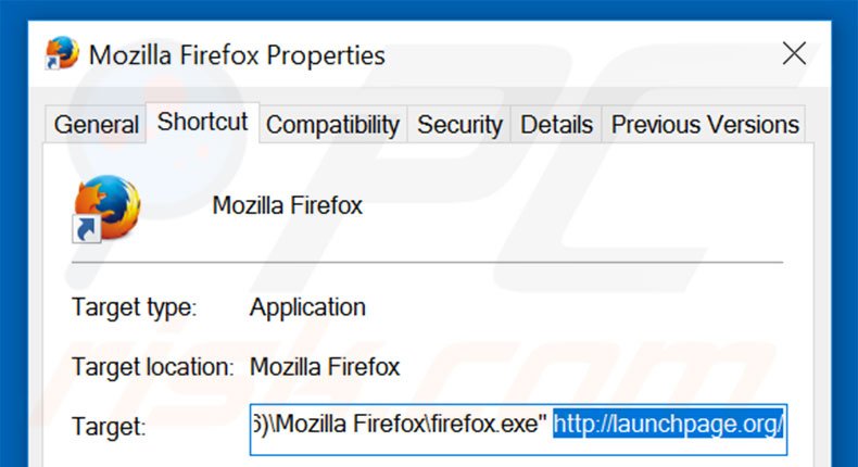 Removendo launchpage.org do atalho do Mozilla Firefox passo 2