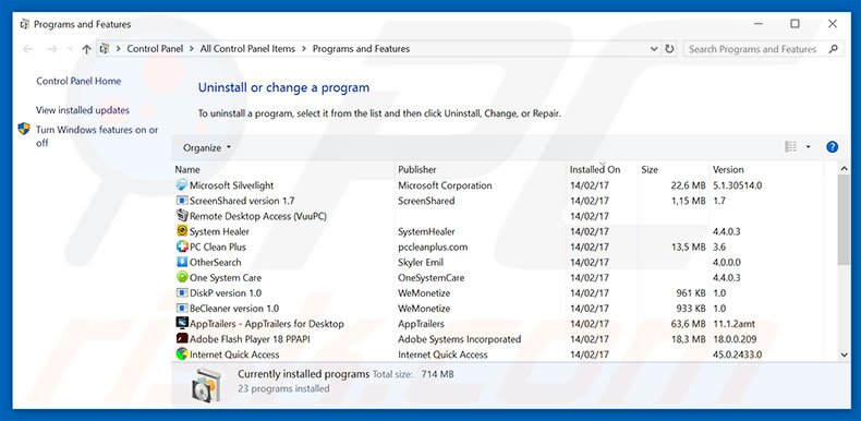 Desinstalar o adware Microsoft Has Detected A Porn Virus via Painel de Controlo