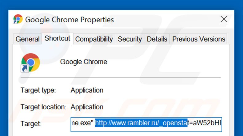 Removendo rambler.ru do atalho do Google Chrome passo 2