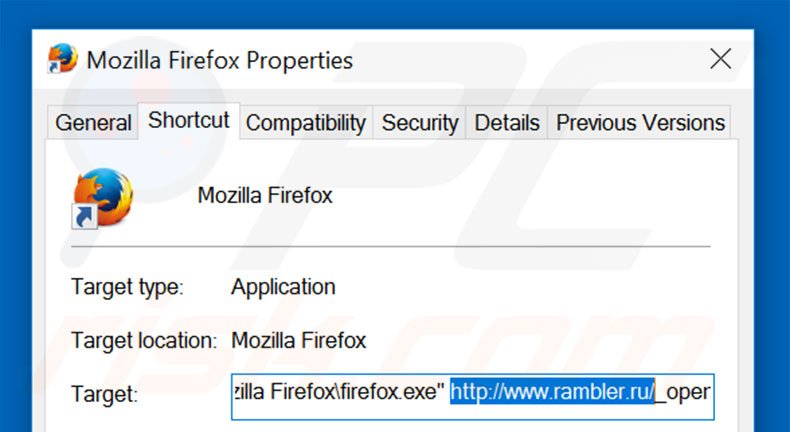 Removendo rambler.ru do atalho do Mozilla Firefox passo 2