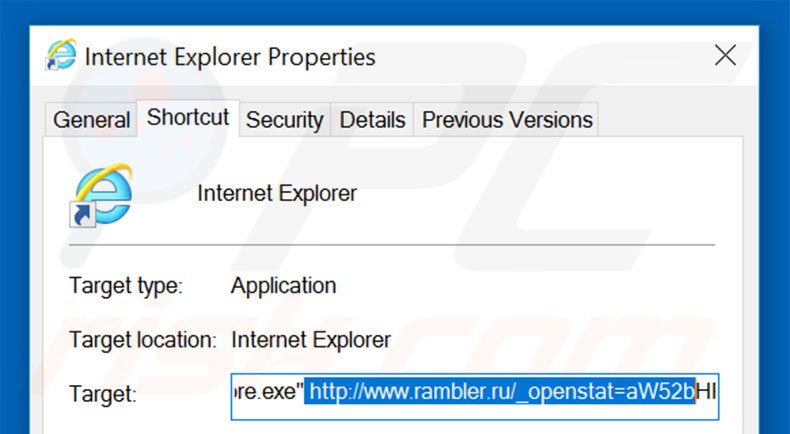 Removendo rambler.ru do atalho do Internet Explorer passo 2