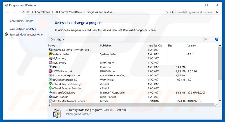 desinstalar o sequestrador de navegador rambler.ru via Painel de Controlo