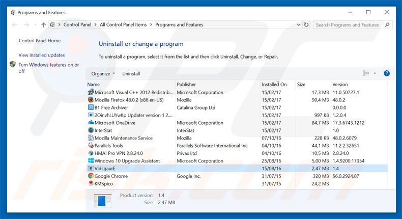 desinstalar o adware vidsqaure via Painel de Controlo