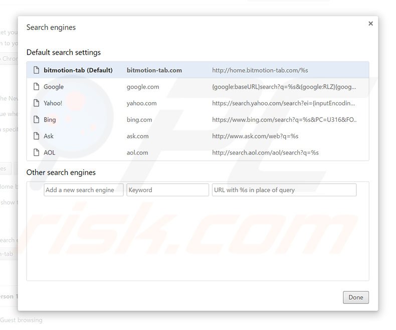 Removendo home.bitmotion-tab.com do motor de pesquisa padrão do Google Chrome