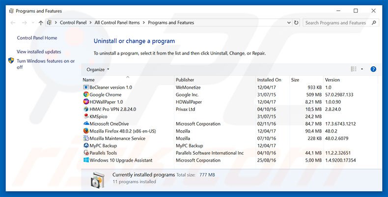 desinstalar o sequestrador de navegador Home.bitmotion-tab.com via Painel de Controlo