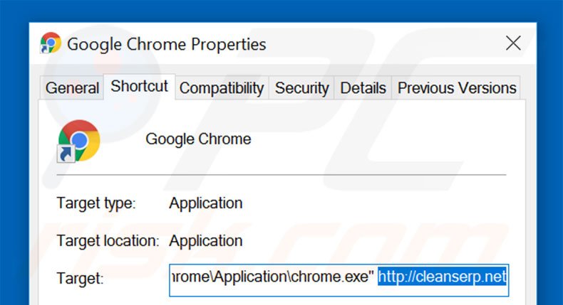 Removendo cleanserp.net do atalho do Google Chrome passo 2