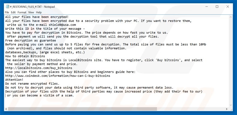ficheiros de restauro ficheiro txt do Ransomware cryptomix #_RESTORING_FILES _ #. TXT
