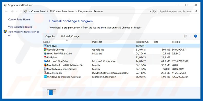 desinstalar o adware FirePlayer via painel de controlo