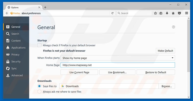 Removendo a página inicial mapseasy.net do Mozilla Firefox