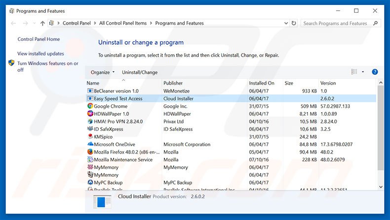 desinstalar o sequestrador de navegador mapseasy.net via Painel de Controlo