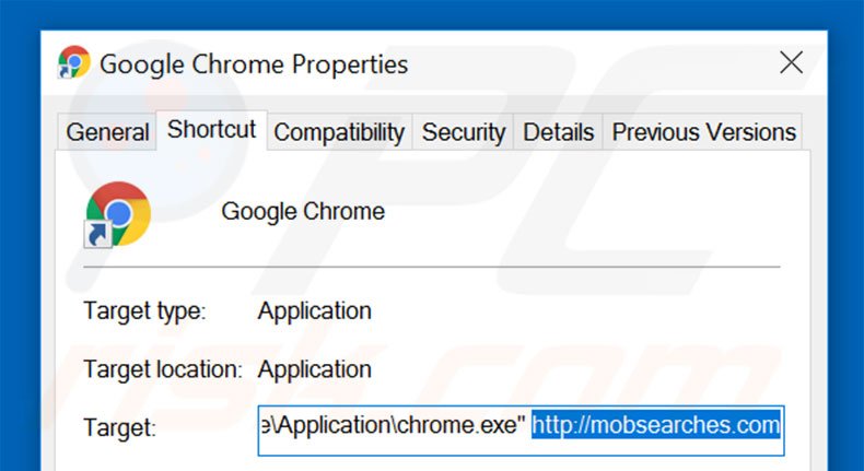 Removendo mobsearches.com do atalho do Google Chrome passo 2