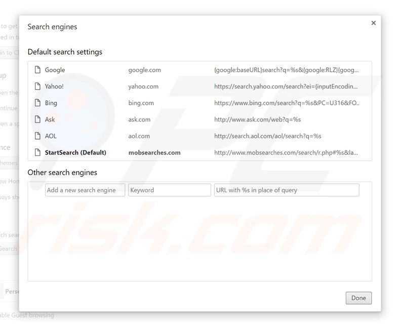 Removendo mobsearches.com do motor de busca padrão do Google Chrome