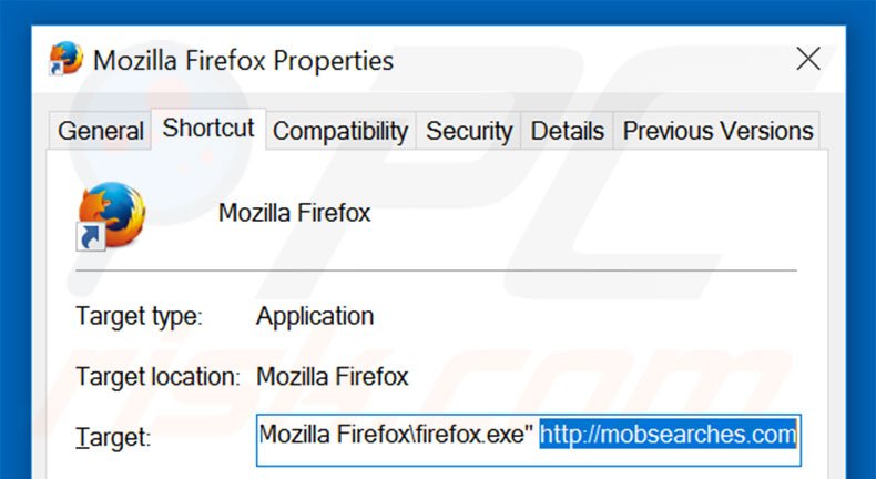 Removendo mobsearches.com do atalho do Mozilla Firefox passo 2