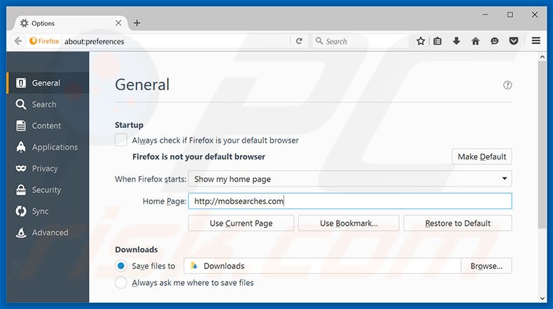 Removendo mobsearches.com da página inicial do Mozilla Firefox