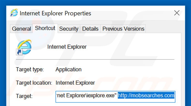 Removendo mobsearches.com do atalho do Internet Explorer passo 2