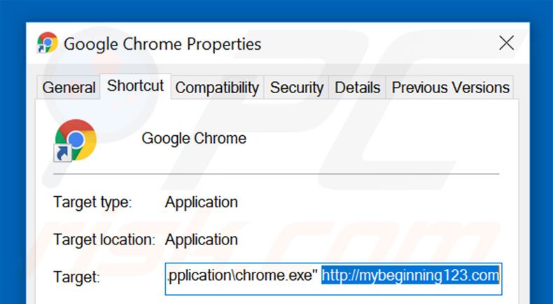 Removendo mybeginning123.com do atalho do Google Chrome passo 2