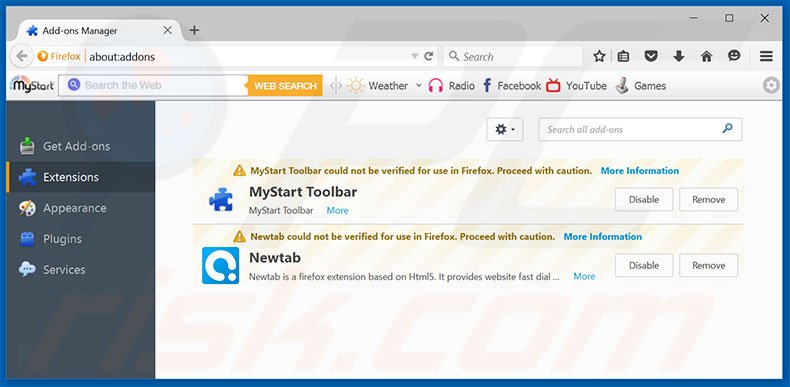 Removendo as extensões relacionadas a mybeginning123.com do Mozilla Firefox