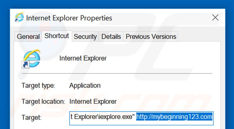 Removendo mybeginning123.com do atalho do Internet Explorer passo 2