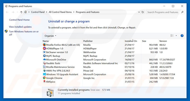 desinstalar o sequestrador de navegador mybeginning123.com via Painel de Controlo