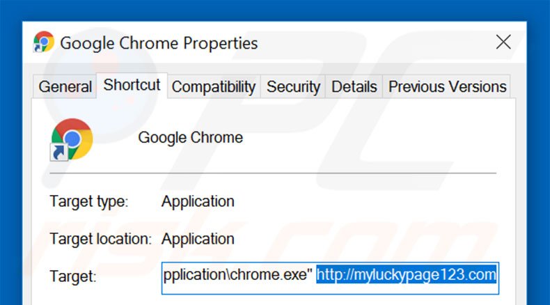 Removendo myluckypage123.com do atalho do Google Chrome passo 2