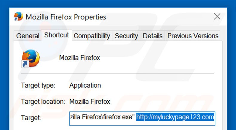 Removendo myluckypage123.com do atalho do Mozilla Firefox passo 2