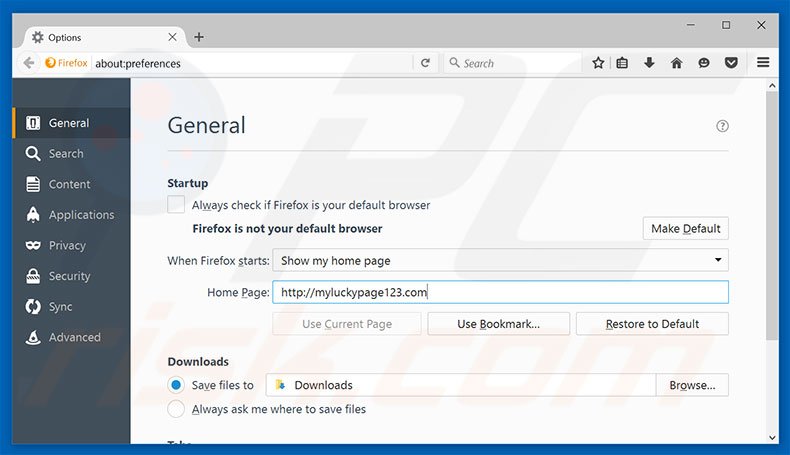 Removendo myluckypage123.com da página inicial do Mozilla Firefox