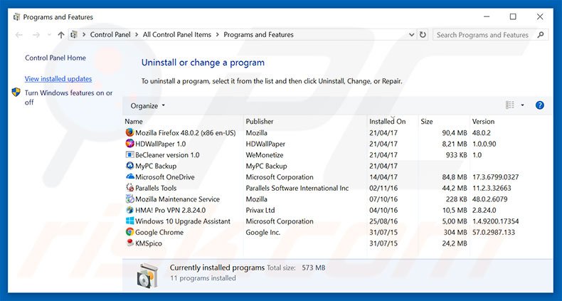 desinstalar o sequestrador de navegador myluckypage123.com via Painel de Controlo