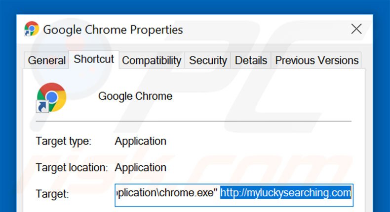 Removendo myluckysearching.com do atalho do Google Chrome passo 2