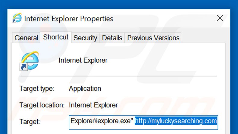 Removendo myluckysearching.com do atalho do Internet Explorer passo 2