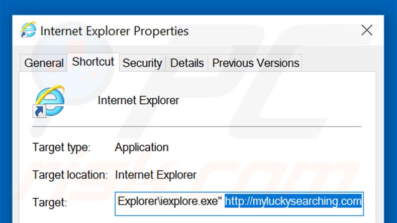 Removendo myluckysearching.com do atalho do Internet Explorer passo 2