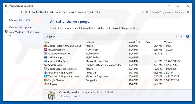 desinstalar o sequestrador de navegador myluckysearching.com via Painel de Controlo