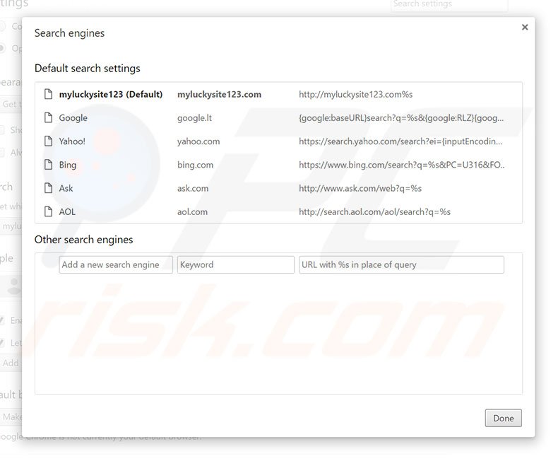 Removendo myluckysite123.com do motor de busca padrão do Google Chrome