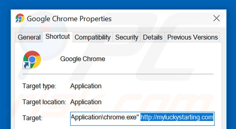 Removendo myluckystarting.com do atalho do Google Chrome passo 2